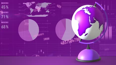 Animation-of-globe-moving-and-data-processing,-world-map-on-pink-background