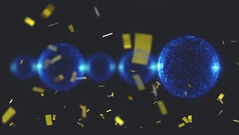 Animation-of-gold-confetti-falling-over-sparkling-translucent-blue-balls,-floating-on-black