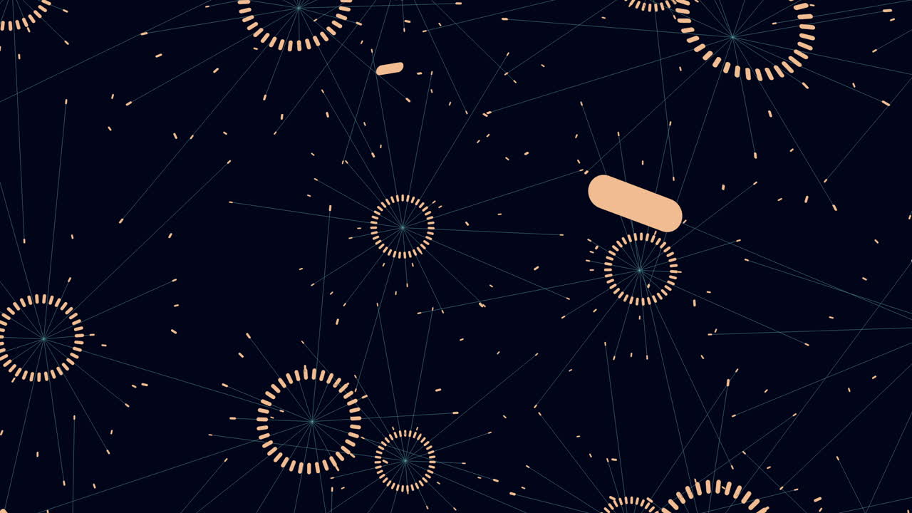 Futuristic abstract background featuring circular data nodes, connecting lines and particles on a dark backdrop, ideal for technology, science, innovation and digital communication concepts