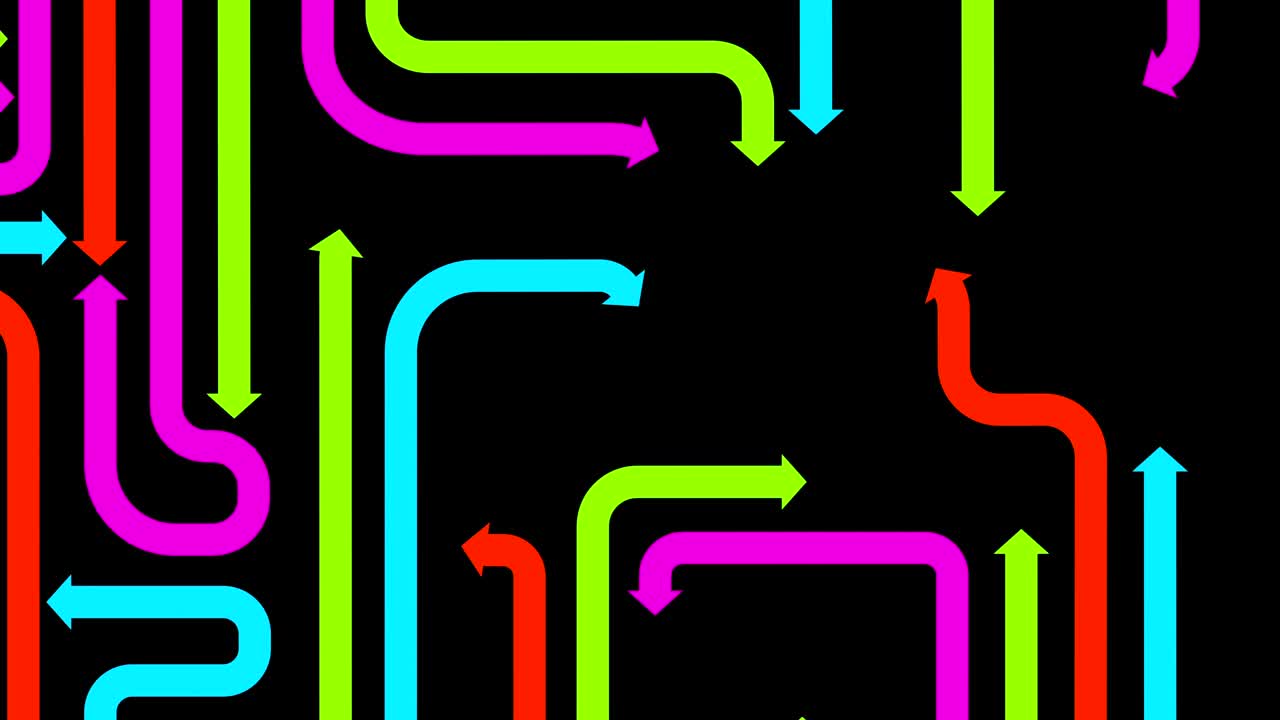 un laberinto de flechas de varios colores sobre un fondo negro, bucle sin costuras, animación cg