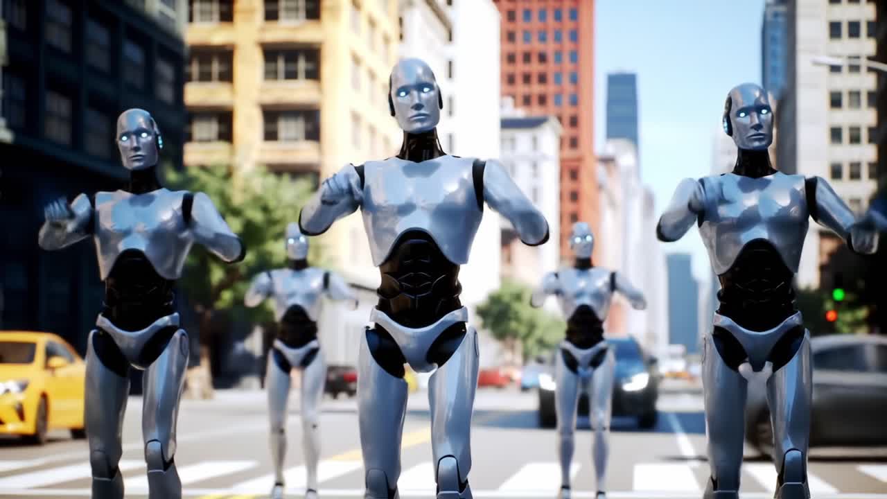 Dynamic Dance of Robots in Urban Streets: An Engaging Display of Animation Showcasing a Futuristic Society with Advanced Technology and Mechanical Movement