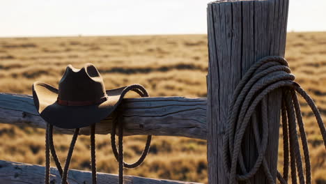 cowboy hat and rope on a wooden fence in a field