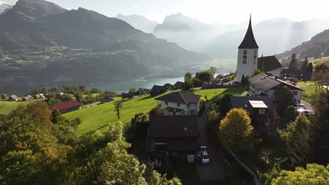 Amden is a popular town in the alpine hills often sought after by visitors for its wonderful country atmosphere. Drone view