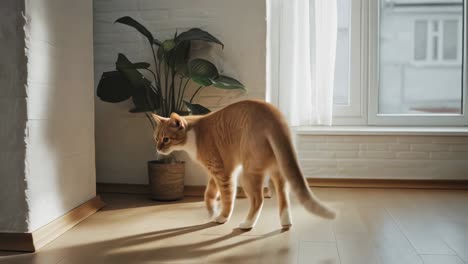 orange tabby cat walking in a living room