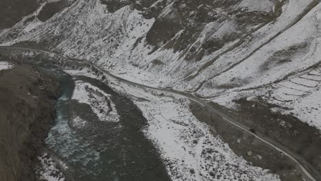 Aerial-View-Of-Karakoram-Highway-Near-Khunjerab-Pass,-Hunza-Valley,-Pakistan---drone-shot