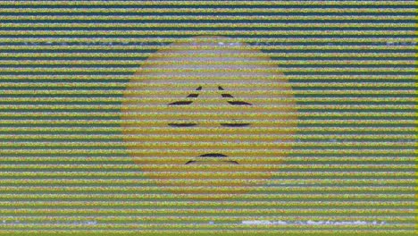 digital animation of tv static effect over sad face emoji against green background