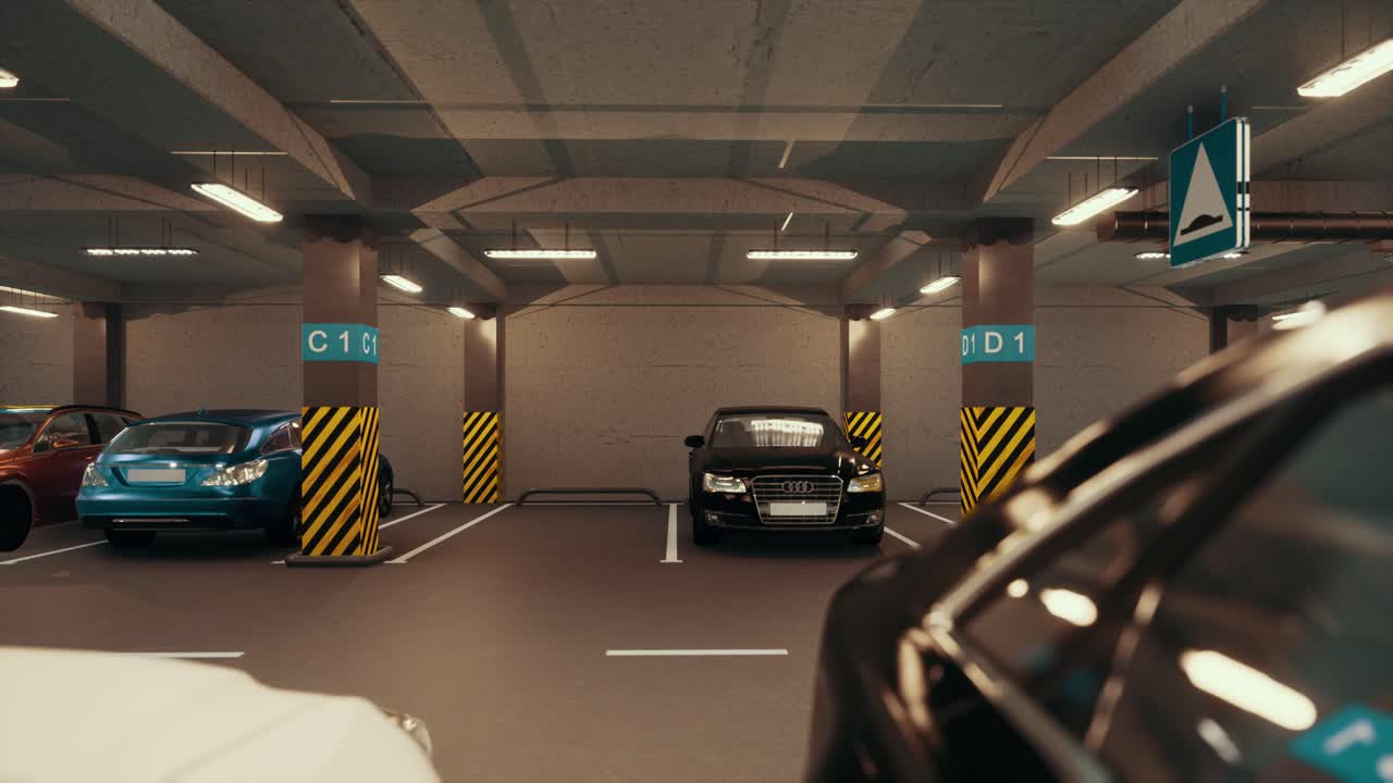 지하 주차장: 현대적인 지하 주거장, 실내 완전한 현대 주차장