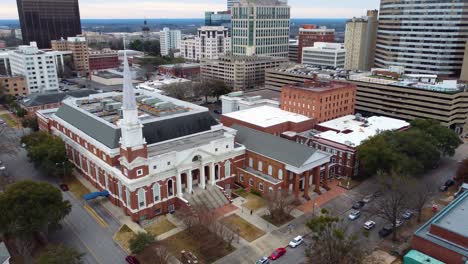 An-orbiting-drone-shot-of-first-baptist-church-of-Columbia