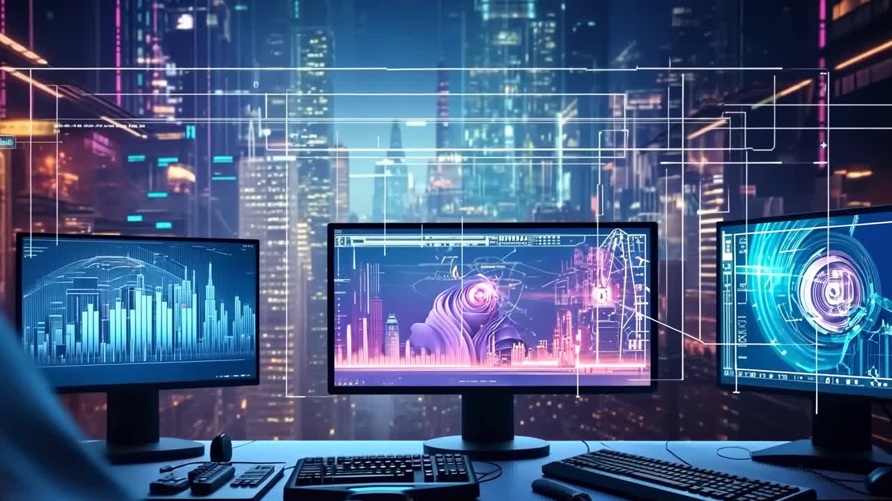 A futuristic video concept with a person at a computer setup, cityscape backdrop