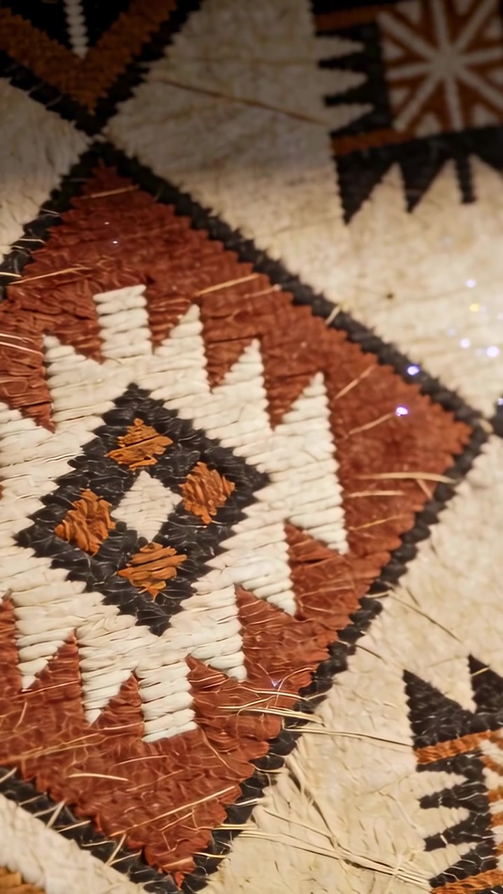 Video verticale: Telecamera che scorre su un tappeto su un tavolo, mostrando fibre e glitter, evidenziando la trama.