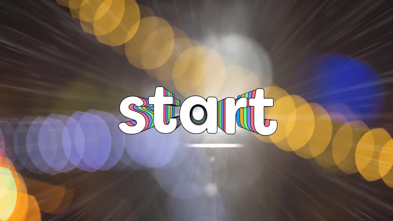 Animation of start text in rainbow coloured letters over yellow, purple and blue spots