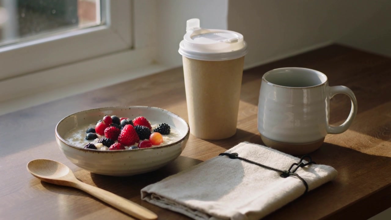 Opptakskamera fanger frokost på kjøkkenbordet ved vinduet mens lyset skifter, med bolle, skje.
