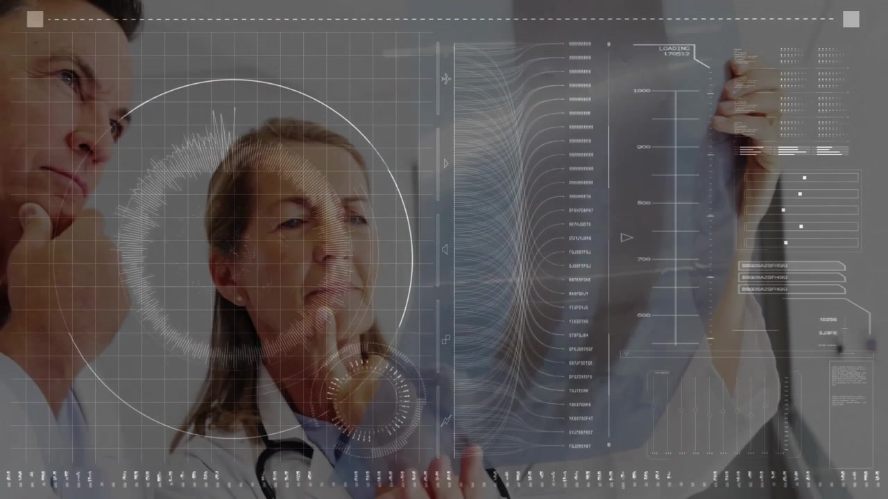 Senior medical doctor examining holographic touchscreen swiping charts with colleague concluding