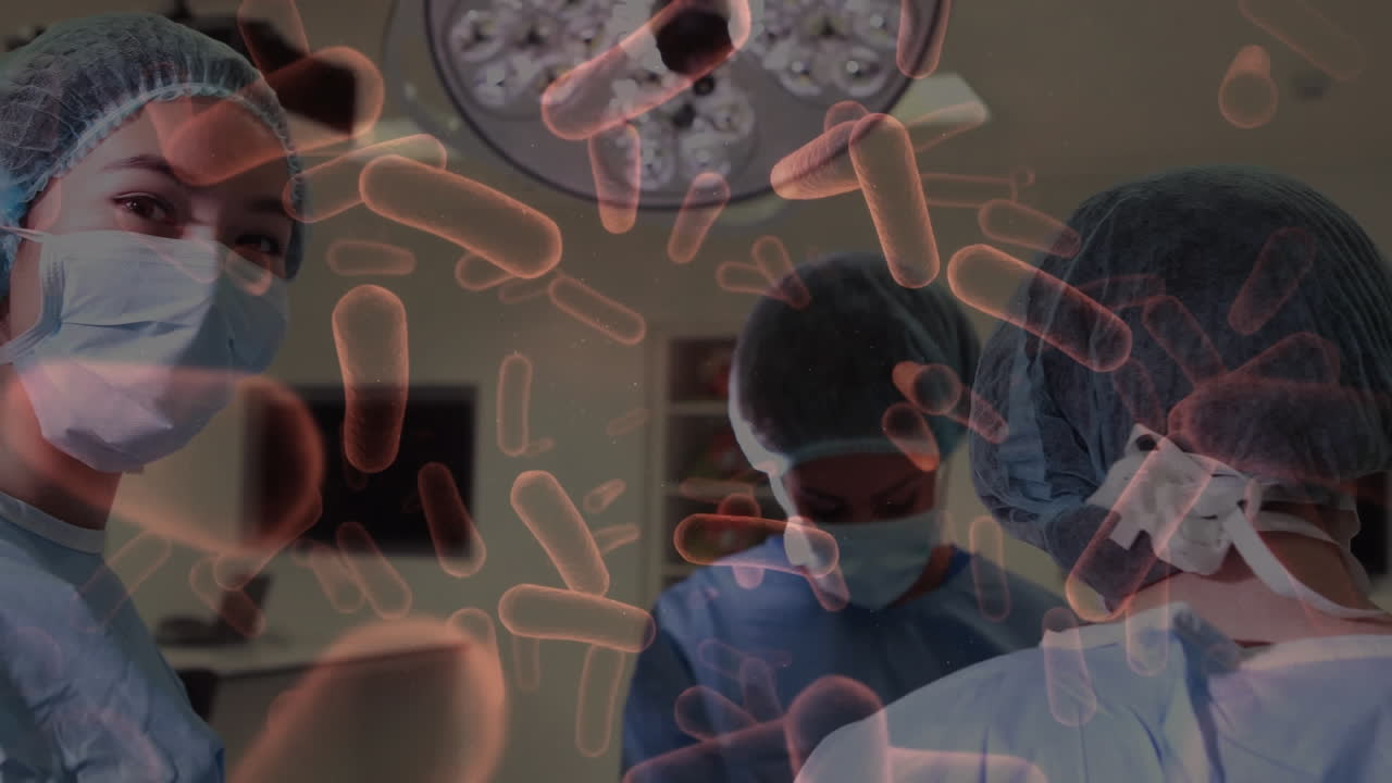 수술 중에 의사 위에 떠다니는 바이러스 세포의 애니메이션