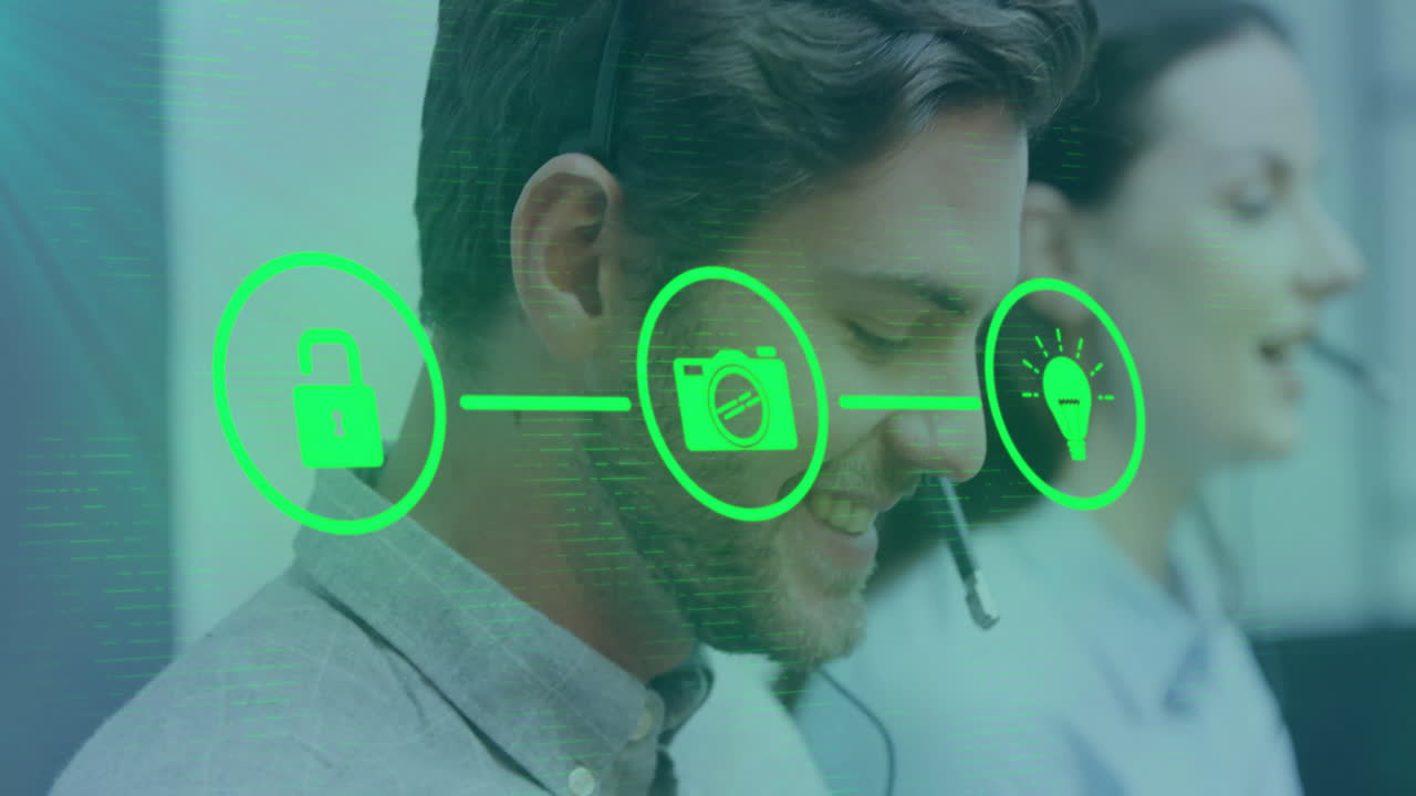 animación de una red de iconos digitales sobre diversos empresarios en la oficina