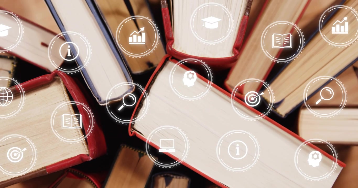 Central book stack staying centered while UI appearing, pulsing education icons into knowledge grid