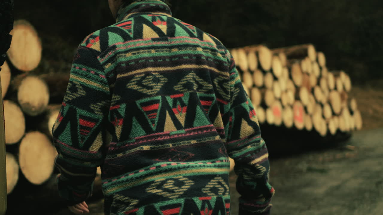 Person opening a van door in the woods near logs