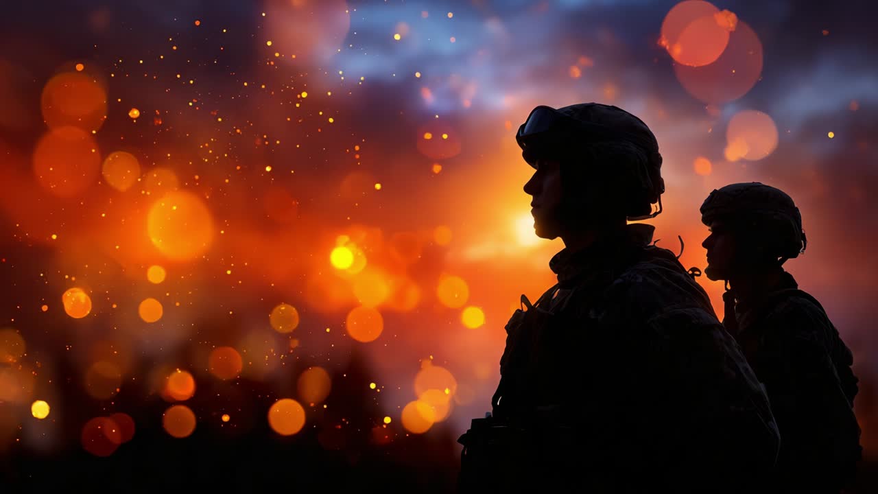 Silhouetted Soldiers Against a Dramatic Background of Fiery Colors and Bokeh Effects, Symbolizing Bravery and Sacrifice in a Tense Atmosphere of Conflict and Duty