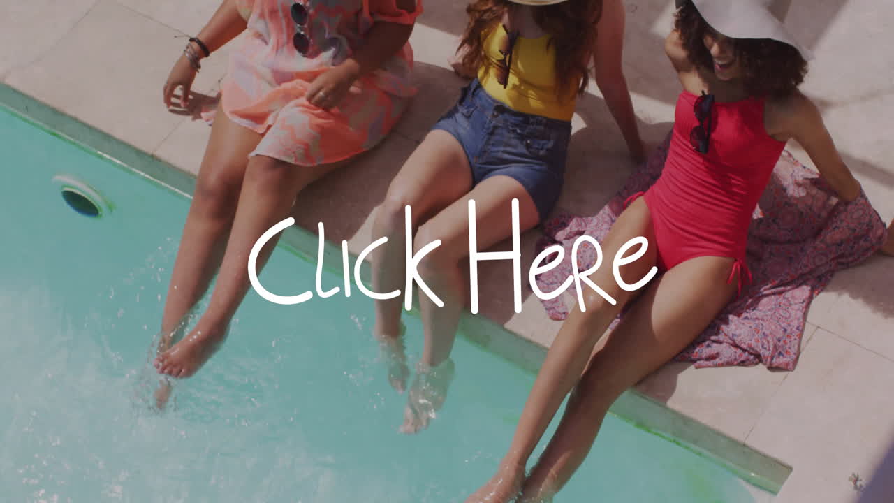Sitting by pool, women watching animation on laptop with Click Here text overlay