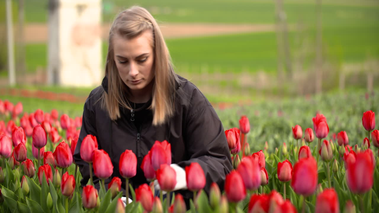 12번 필드에서 튤립을 살펴보며 걷는 여성 연구원