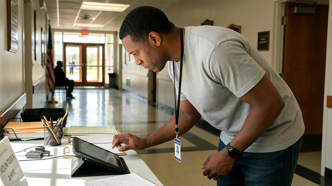 Tapping tablet, man wearing gray tee and lanyard leaning over signup table in corridor registering