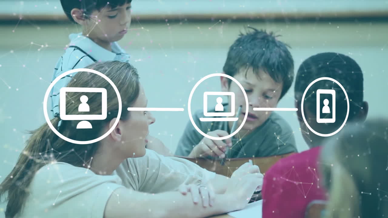 교실에서 다양한 학교 학생과 여성 교사에 대한 아이콘 네트워크의 애니메이션