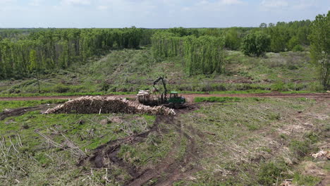 Aerial view of a wide deforested field with working excavator machine piling timber logs along a dirt path.