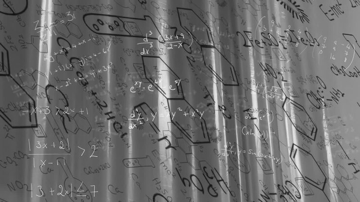 Chalk-style formulas emerging on start and accumulating on translucent curtain showing research
