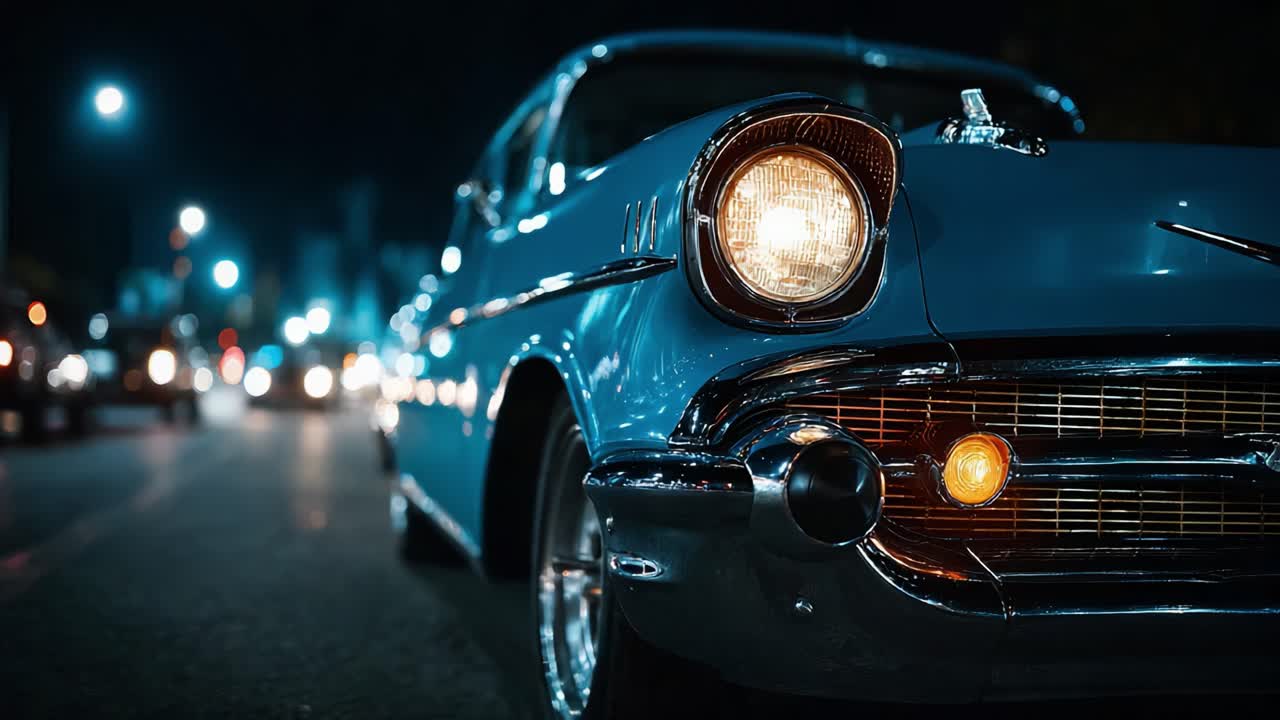 Ein klassisch blauer Wagen, der von den Lichtern der Nacht auf einer belebten Straße beleuchtet wird und zeitloses Design und Vintage-Charme präsentiert