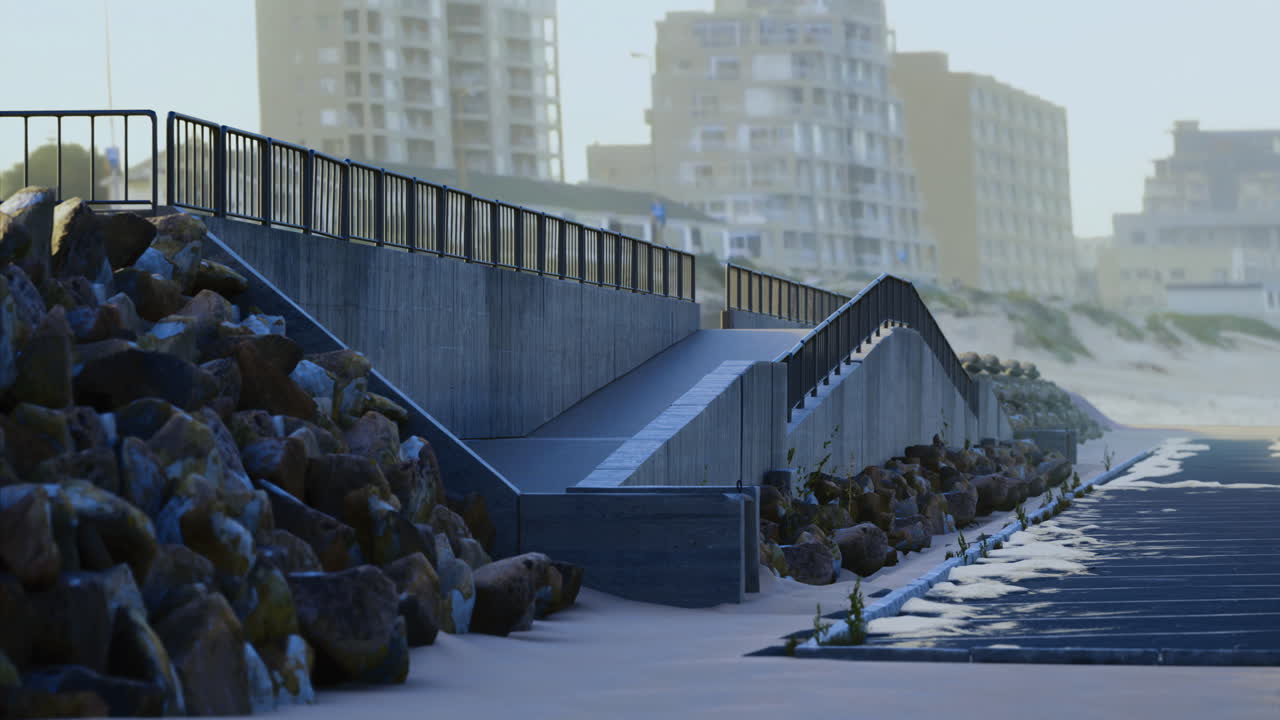 Modern pathway along the coast with rocky shoreline at sunrise in city