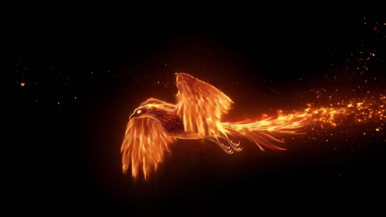 A dynamic side-angle video of a fiery phoenix in flight against a dark background, with glowing