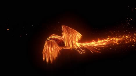 a dynamic side-angle video of a fiery phoenix in flight against a dark background, with glowing