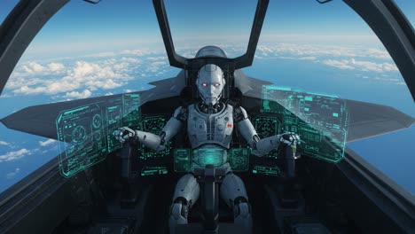 futuristic robot pilot operating advanced cockpit interface in an aerial landscape with holographic displays and data visualizations
