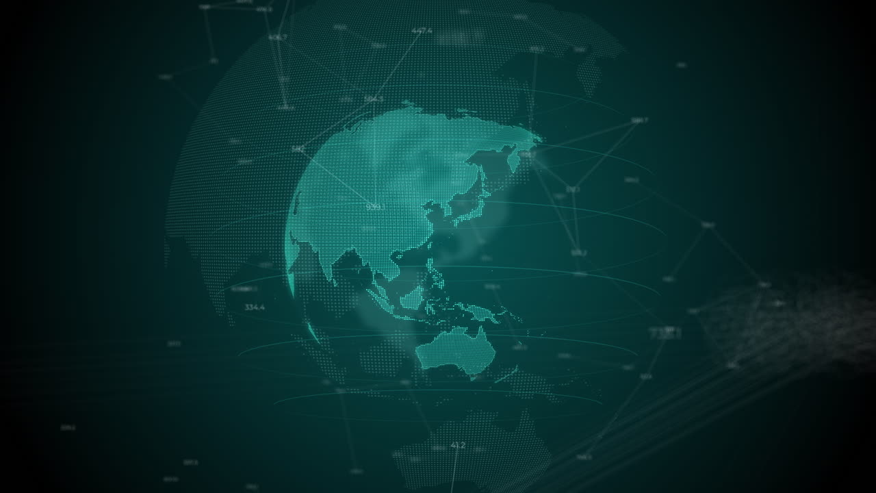 Hologram of the planet Earth from small glowing dots. Rotation around its axis. Selectively changeable numbers are connected by lines on green background. Looped abstract futuristic animation for business.