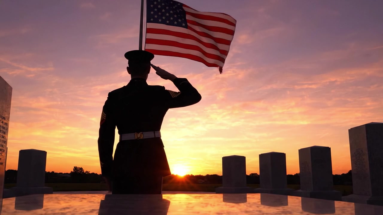 Un tributo solitario: Un soldato saluta la bandiera americana al tramonto, onorando il sacrificio e il servizio in un momento di riflessione e patriottismo