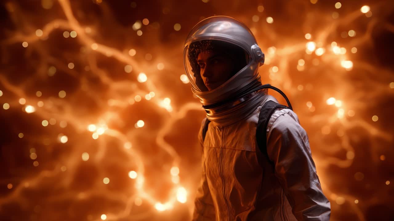 En astronaut står mod en levende, elektrificerende baggrund, der indfanger essensen af udforskning og eventyr i et kosmisk miljø fyldt med energi