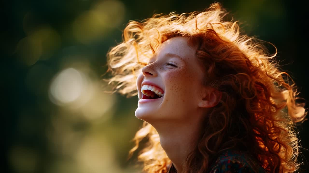 Joyful Moments Captured: A Vibrant Portrait of a Laughter-filled Woman with Glorious Red Curls, Radiating Pure Happiness in a Natural Setting