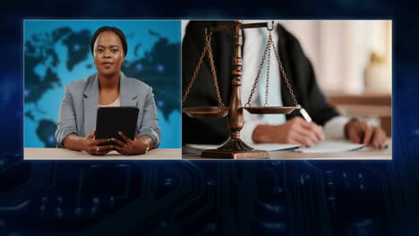 breaking news, law or reporter in tv studio