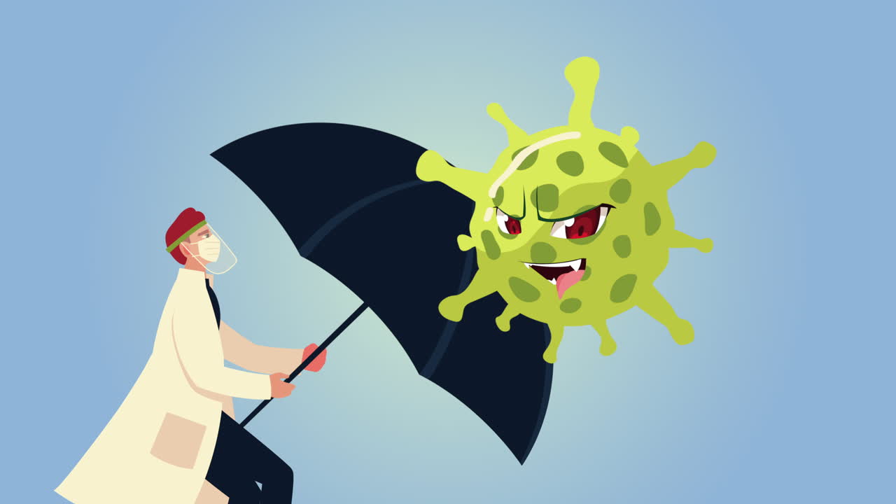 médico masculino con máscara médica con paraguas y partícula de covid-19