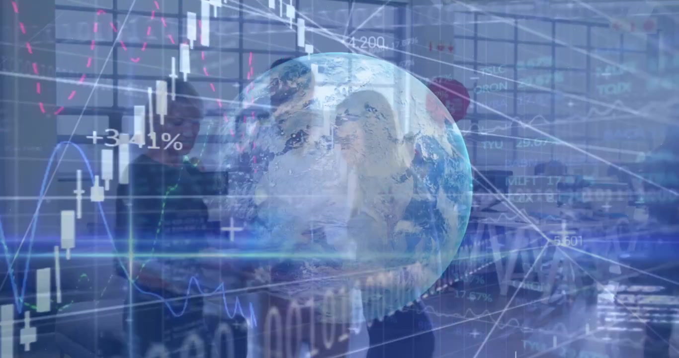 Animation of financial data processing over diverse group of business people