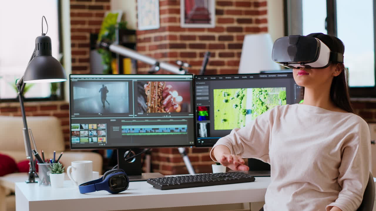editor asiático moderno usando gafas de realidad virtual y mezclando videoclips