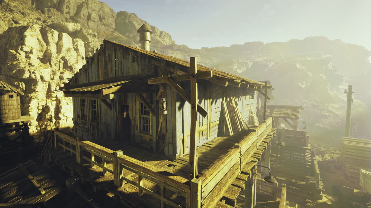 Rustic wooden cabin on cliffs under warm sunlight at dawn