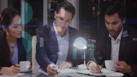 animation of financial data processing over diverse business people