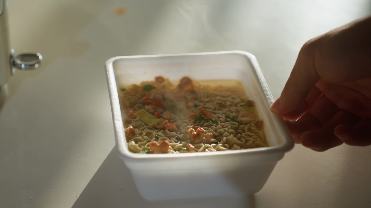 日当たりの良いカウンタートップでインスタント食品の容器に手を伸ばす様子。発泡スチロールのトレイに入った麺と野菜から湯気が立ち上り、温かい朝の雰囲気、カジュアルな自宅のキッチン。指がトレイを持ち上げるクローズアップ。