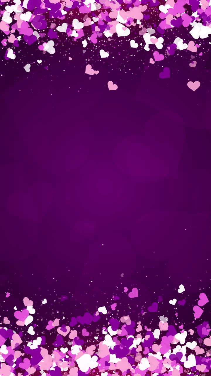 Pink flying hearts on purple Valentines Day loop animation background. Festive romantic frame with place for text. Vertical video.