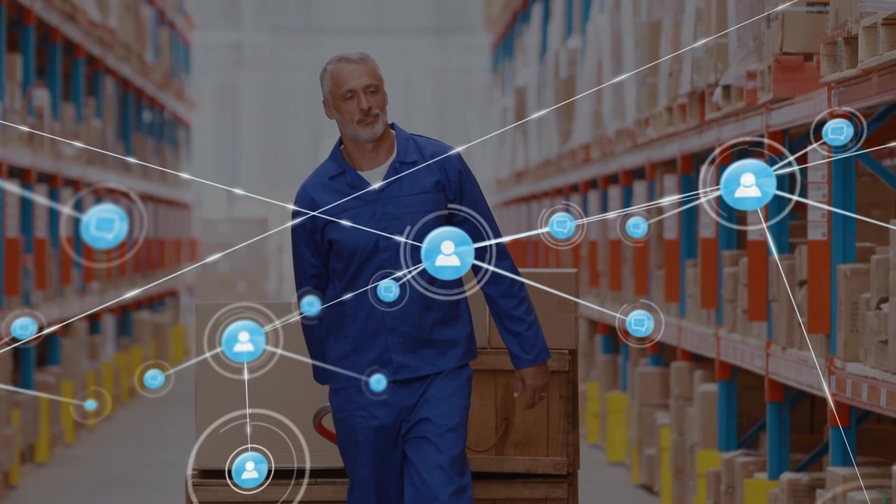Animation of network of connections over caucasian male worker in warehosue