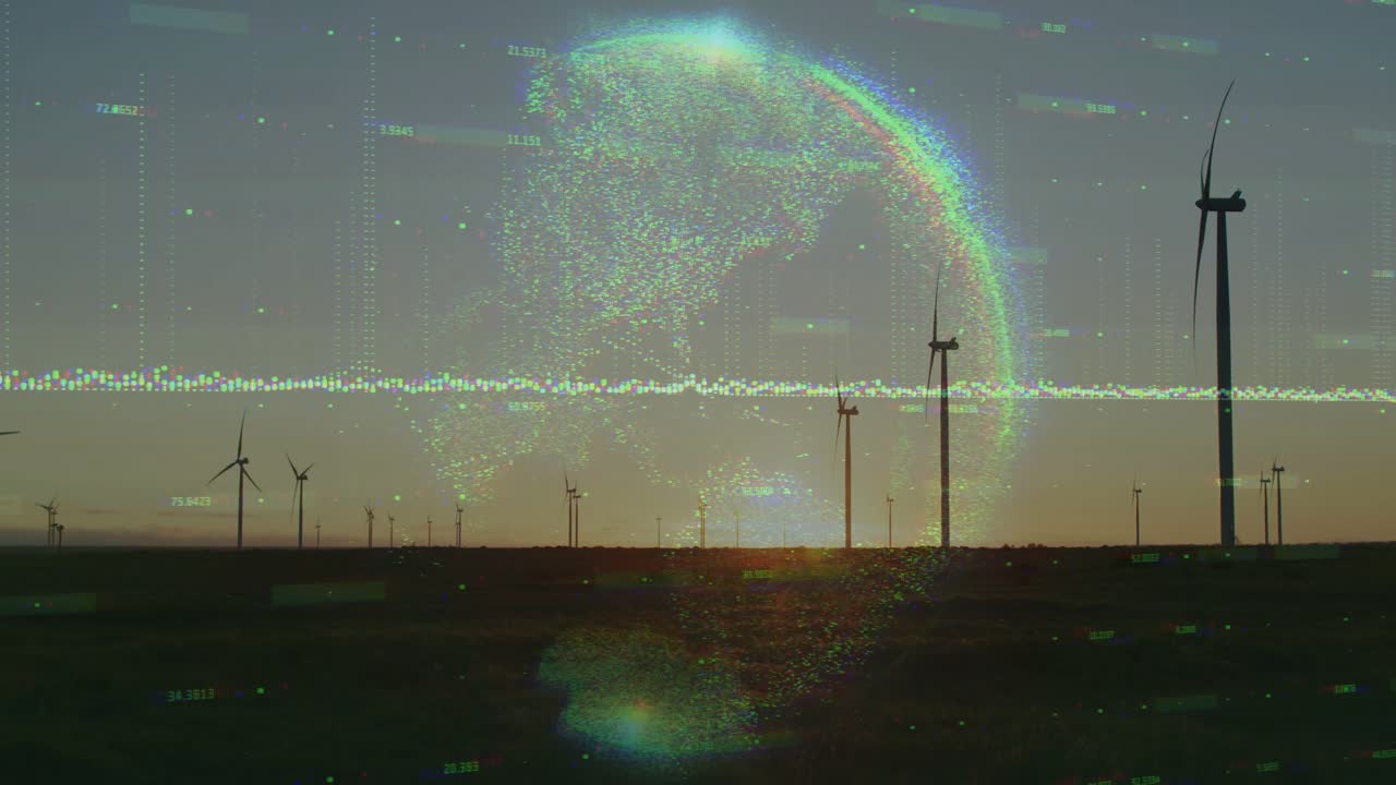 Wind turbine being animated on grassland at sunset with holographic globe overlay and glitch lines