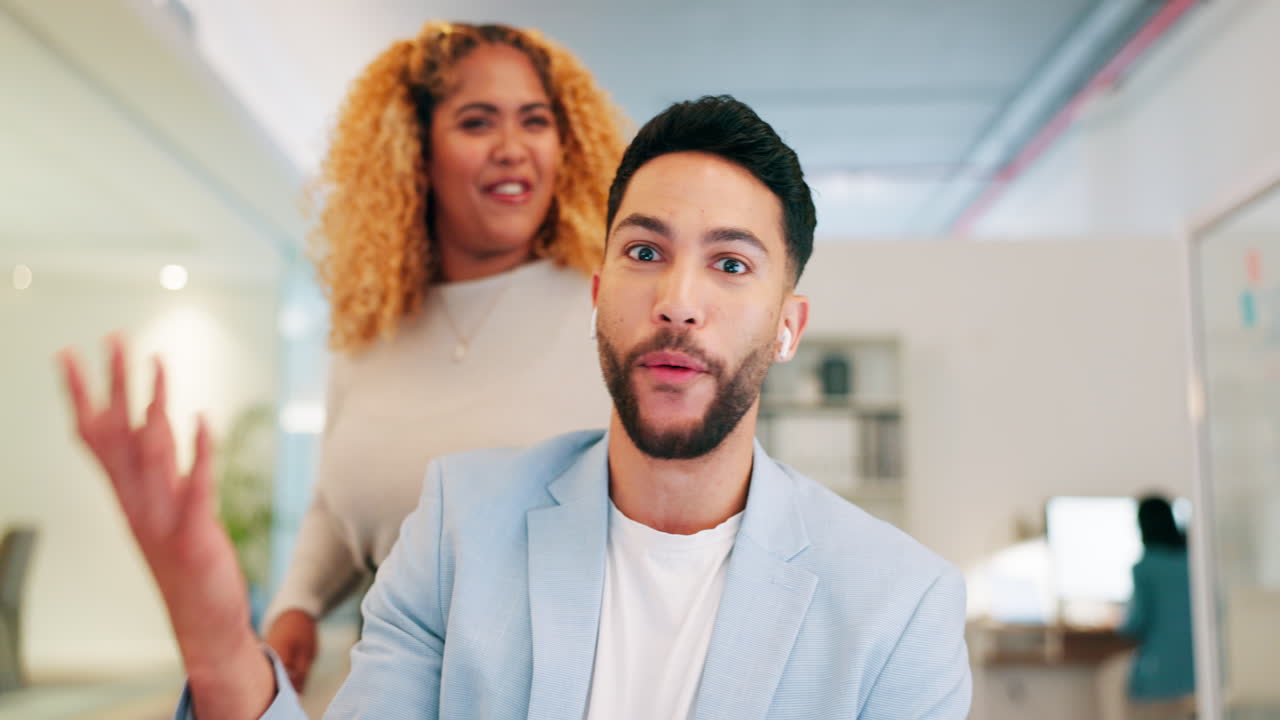 Video call, office fun and face of people