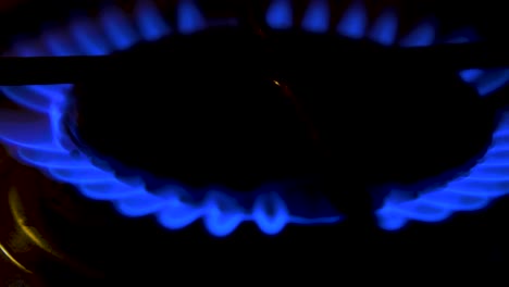 gas burning from a kitchen gas stove, dark background, cold winter and energy crisis concept, closeup shot