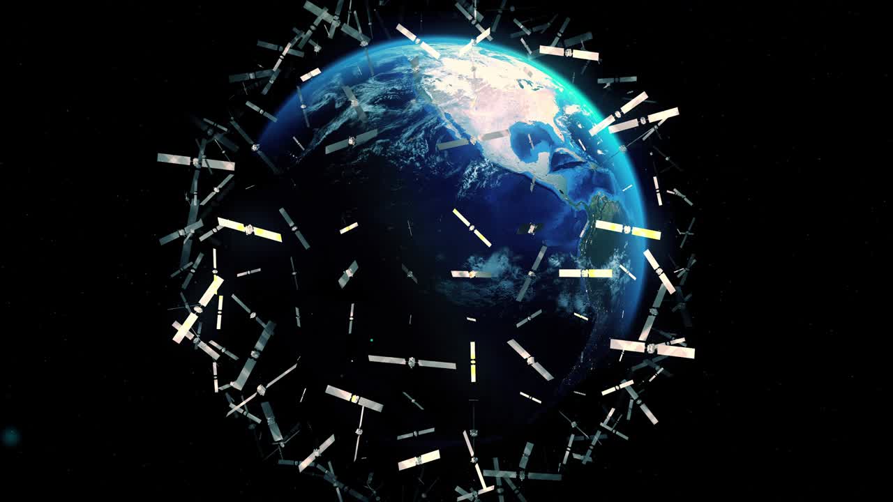 3d-рендер голубой планеты земля с большим количеством спутников